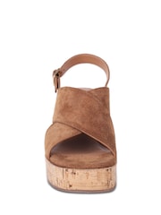 Off The Hook Brown Tara Leather Cross Strap Cork Wedge Sandals - Image 3 of 6
