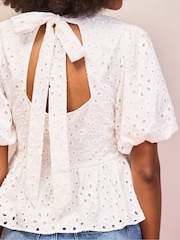 Ro&Zo White Broderie Tie Back Puff Sleeve Top - Image 4 of 5