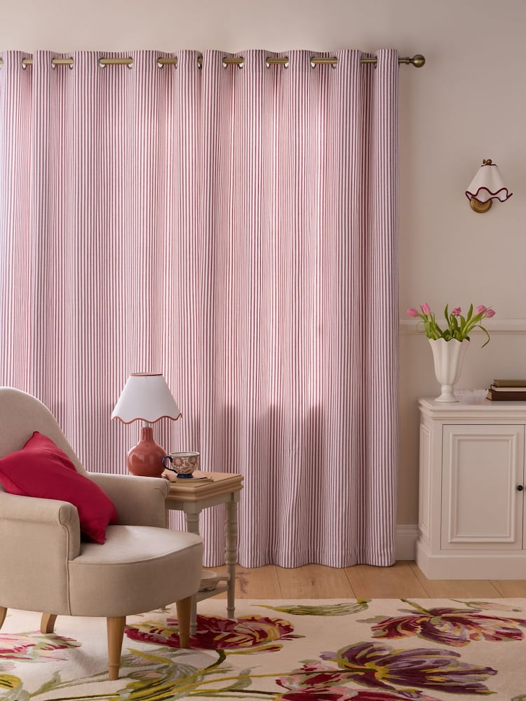 Laura Ashley Red Cornish Chenille Stripe Eyelet Curtains - Image 1 of 3