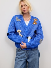 Cobalt Blue Crochet Dogs Chunky Knit Long Sleeve Open Cardigan - Image 3 of 8