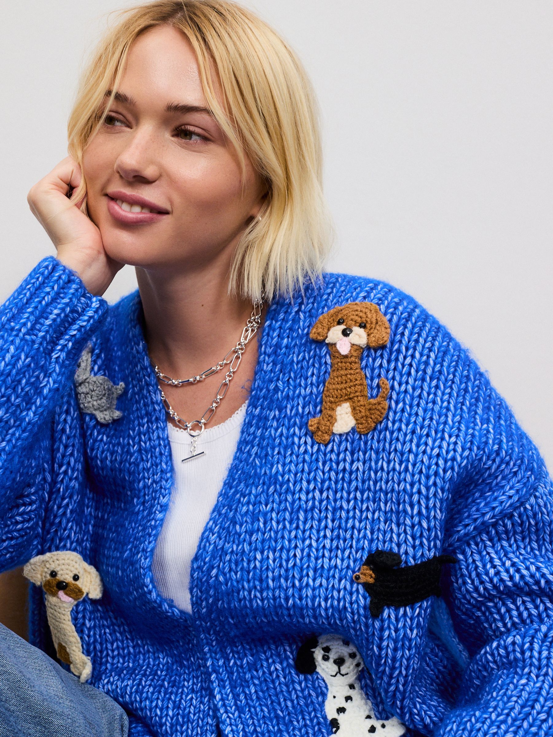 Buy Cobalt Blue Crochet Dogs Soft Touch Chunky Knit Open Cardigan