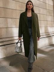Olive Green Double Breasted Maxi Formal Revere Coat - Image 2 of 9