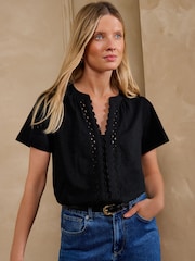 Love & Roses Black Notch Neck Ric Rac Short Sleeve Top - Image 1 of 4