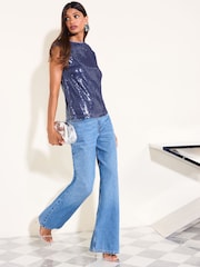 Friends Like These Blue Short Sleeve Sequin Top With Subtle Shoulder Pad - Image 2 of 6