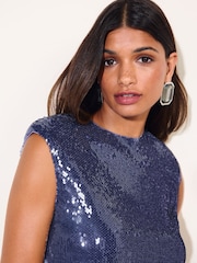 Friends Like These Blue Short Sleeve Sequin Top With Subtle Shoulder Pad - Image 3 of 6