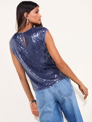 Friends Like These Blue Short Sleeve Sequin Top With Subtle Shoulder Pad - Image 5 of 6