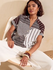 Friends Like These Brown Stripe Short Sleeve Button Detail Collared Blouse - Image 2 of 6