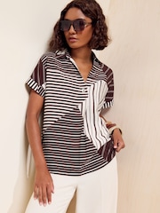Friends Like These Brown Stripe Short Sleeve Button Detail Collared Blouse - Image 5 of 6