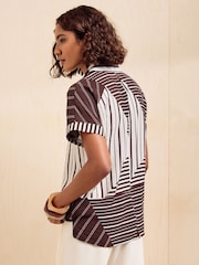 Friends Like These Brown Stripe Short Sleeve Button Detail Collared Blouse - Image 6 of 6