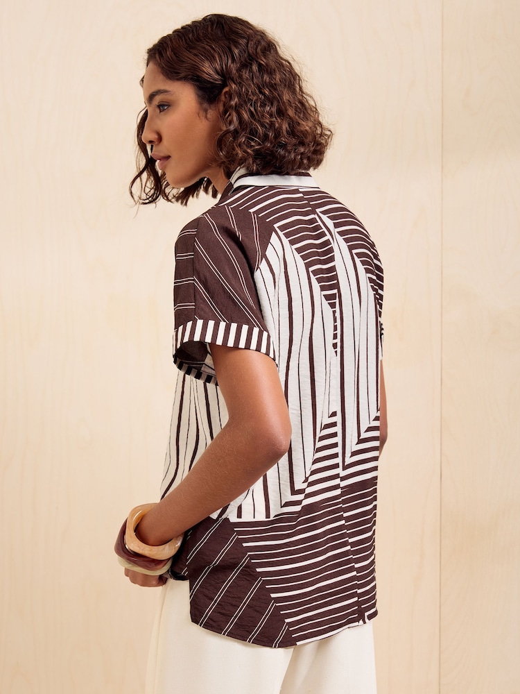 Friends Like These Brown Stripe Short Sleeve Button Detail Collared Blouse - Image 6 of 6 Friends Like These Brown Stripe Short Sleeve Button Detail Collared Blouse - Image 6 of 6