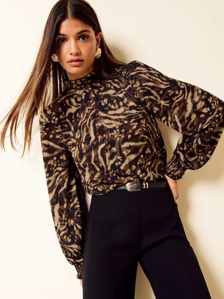 Friends Like These Animal Print High Neck Shirred Cuff Blouse - Image 1 of 5