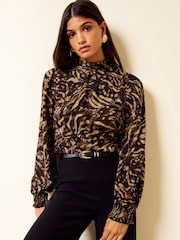 Friends Like These Animal Print High Neck Shirred Cuff Blouse - Image 3 of 5