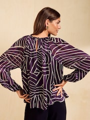 Friends Like These Purple Printed Long Sleeve Chiffon Floaty Blouse - Image 5 of 6