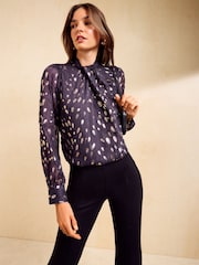 Friends Like These Purple Gold Satin Twist Neck Long Sleeve Blouse - Image 4 of 5