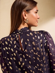 Friends Like These Purple Gold Satin Twist Neck Long Sleeve Blouse - Image 5 of 5