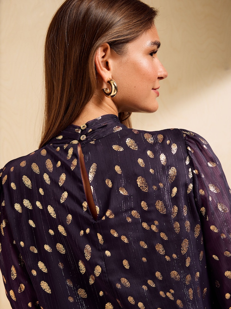 Friends Like These Purple Gold Satin Twist Neck Long Sleeve Blouse - Image 5 of 5 Friends Like These Purple Gold Satin Twist Neck Long Sleeve Blouse - Image 5 of 5