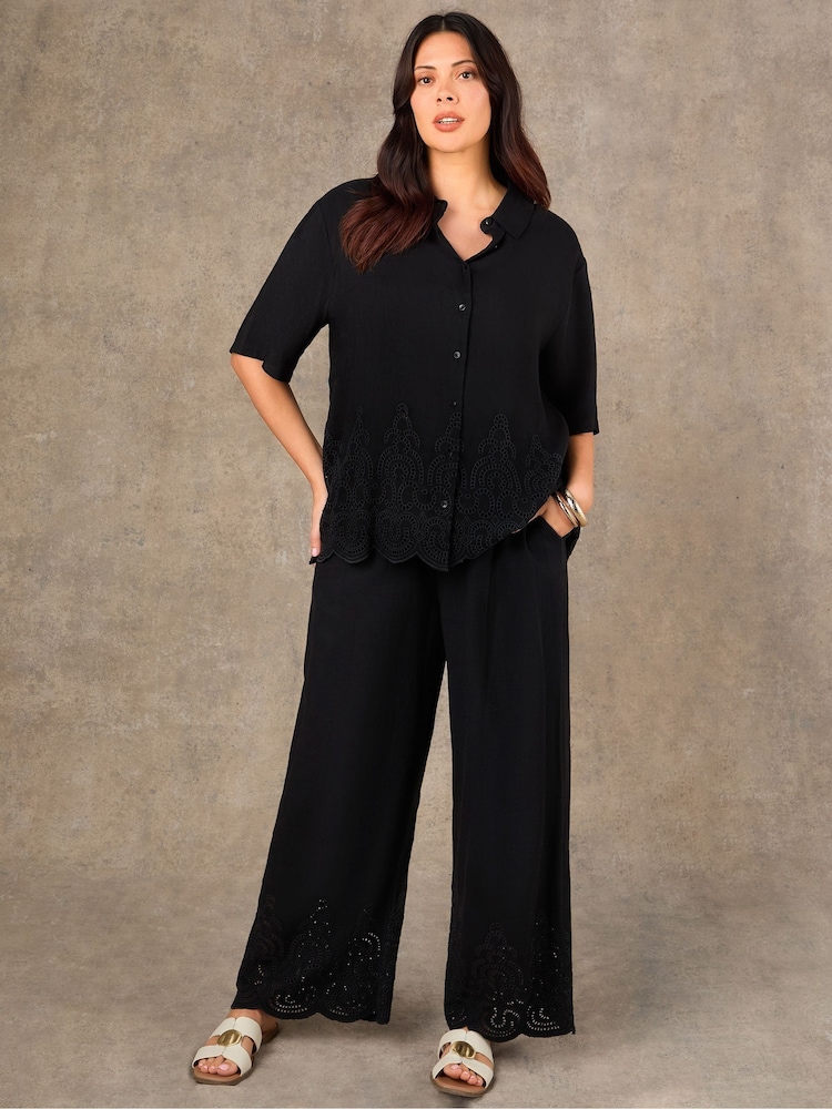 Live Unlimited Black Petite Linen Blend Broderie Trousers - Image 4 of 4 Live Unlimited Black Petite Linen Blend Broderie Trousers - Image 4 of 4