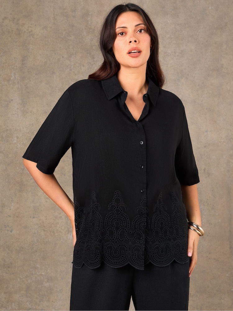 Live Unlimited Black Linen Blend Broderie Shirt - Image 2 of 4