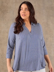 Live Unlimited Blue Geo Print Polo Neck Jersey Top - Image 1 of 4