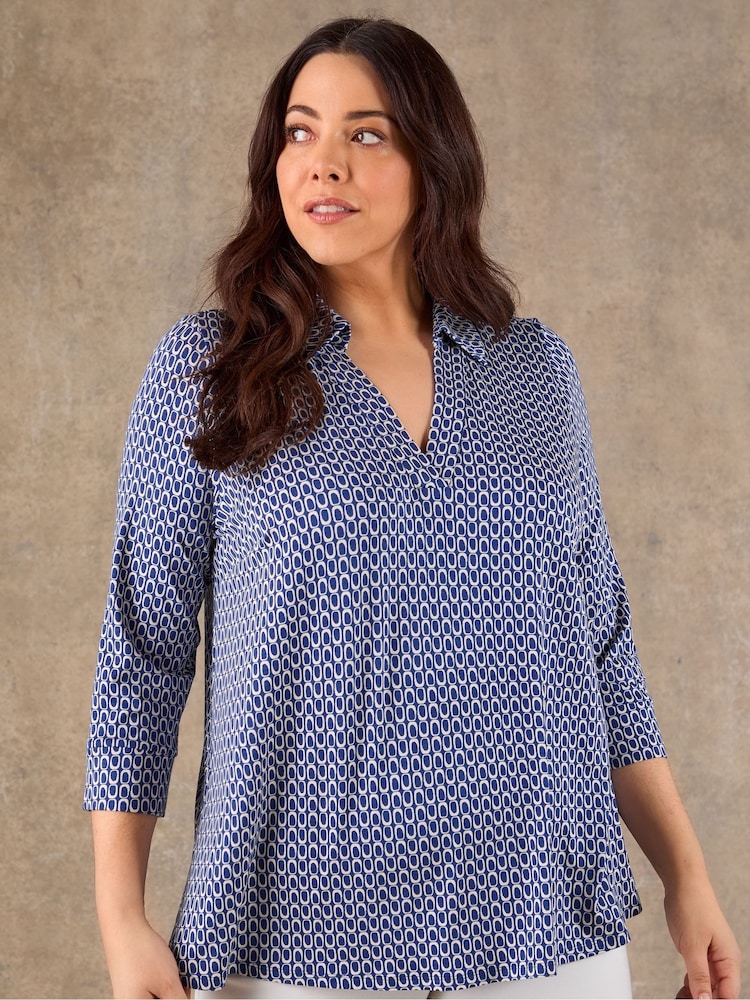 Live Unlimited Blue Geo Print Polo Neck Jersey Top - Image 1 of 4
