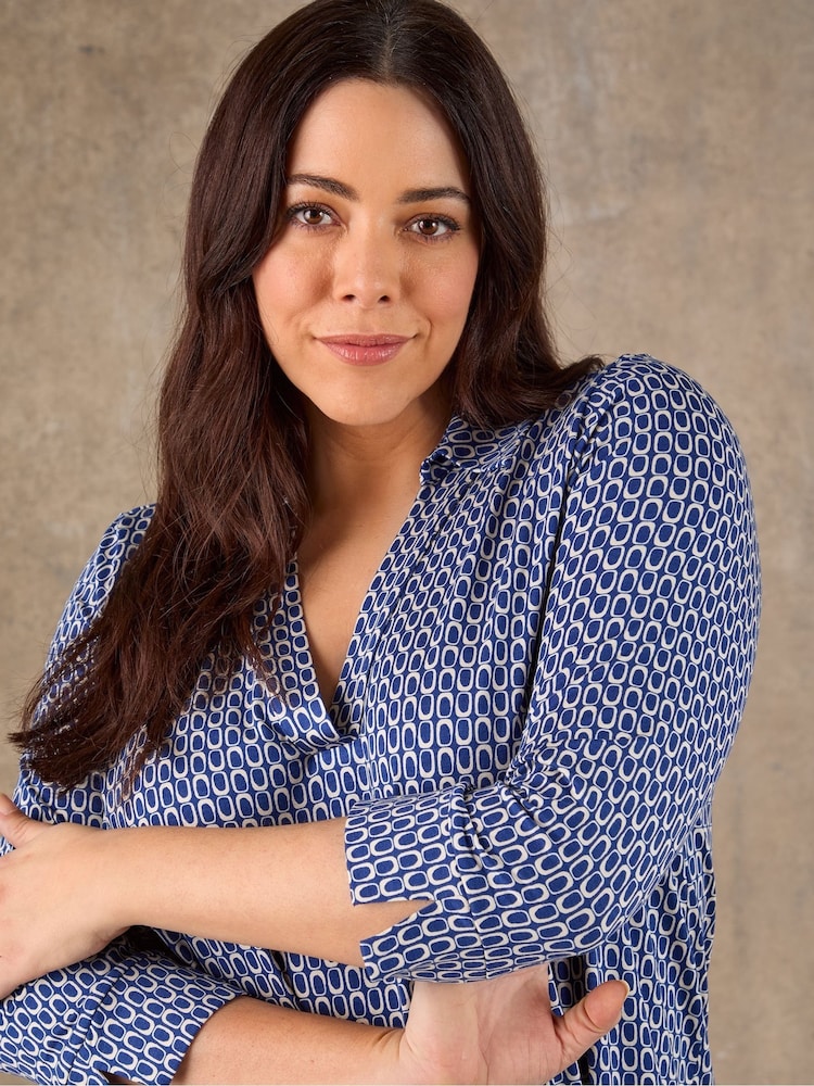 Live Unlimited Blue Geo Print Polo Neck Jersey Top - Image 4 of 4