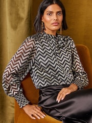 Love & Roses Navy Blue And Gold Lurex Zig Zag Tie Neck Jersey Top - Image 1 of 6