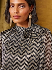 Love & Roses Navy Blue And Gold Lurex Zig Zag Tie Neck Jersey Top - Image 2 of 6