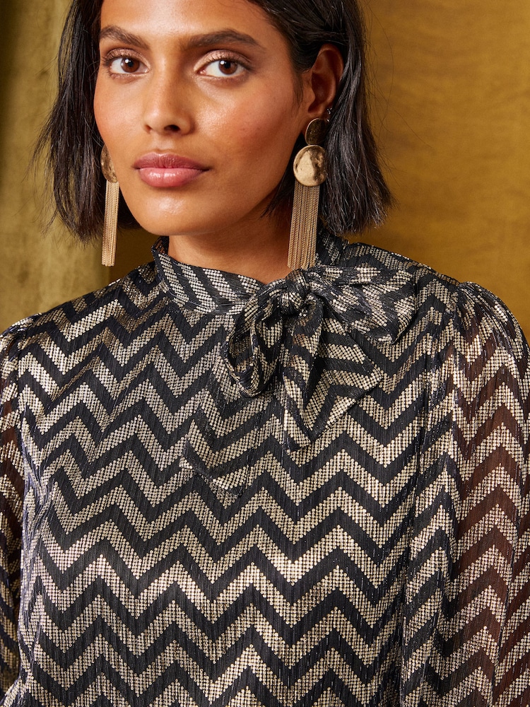 Love & Roses Navy Blue And Gold Lurex Zig Zag Tie Neck Jersey Top - Image 2 of 6