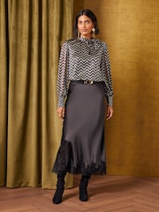 Love & Roses Navy Blue And Gold Lurex Zig Zag Tie Neck Jersey Top - Image 3 of 6