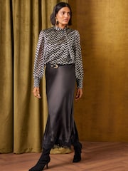 Love & Roses Navy Blue And Gold Lurex Zig Zag Tie Neck Jersey Top - Image 4 of 6