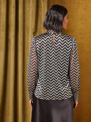 Love & Roses Navy Blue And Gold Lurex Zig Zag Tie Neck Jersey Top - Image 5 of 6