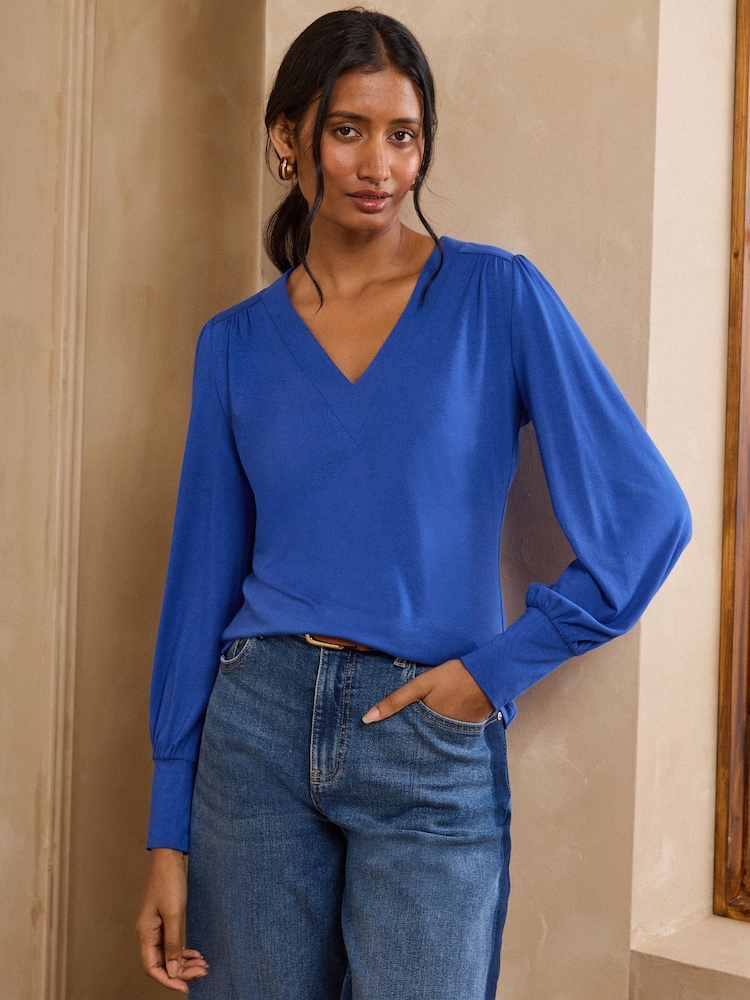 Love & Roses Cobalt Blue V-Neck Jersey Top - Image 1 of 4