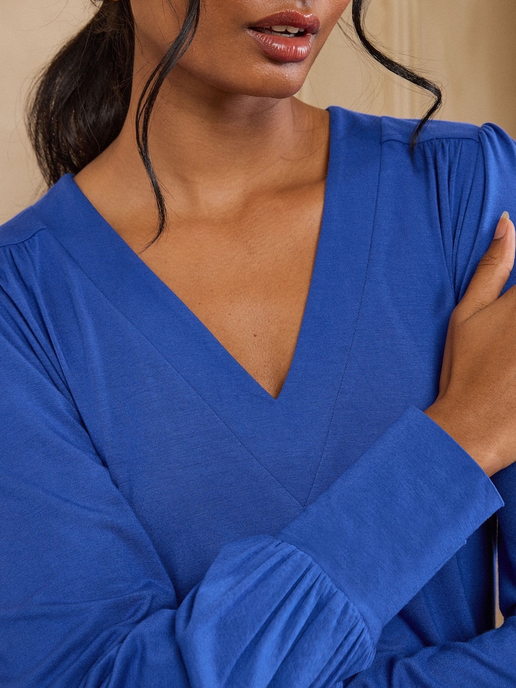 Love & Roses Cobalt Blue V-Neck Jersey Top - Image 2 of 4