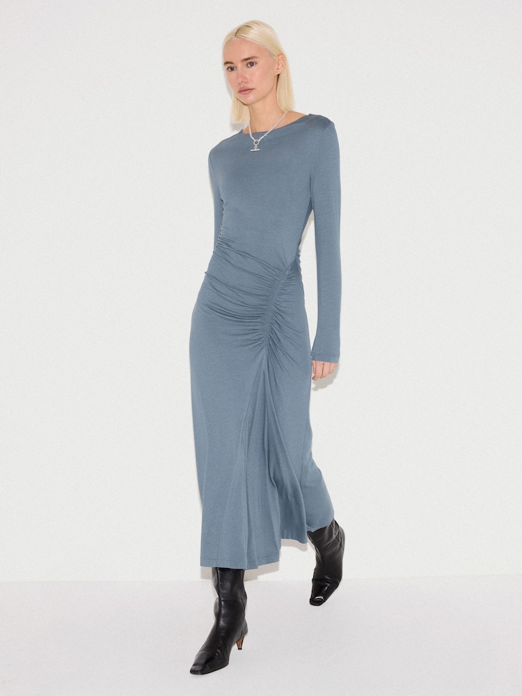 Jigsaw Blue Microcrepe Cowl Ruched Dress - Image 1 of 5 Jigsaw Blue Microcrepe Cowl Ruched Dress - Image 1 of 5