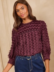 Love & Roses Burgundy Red Fringing Crew Neck Blouse - Image 1 of 4
