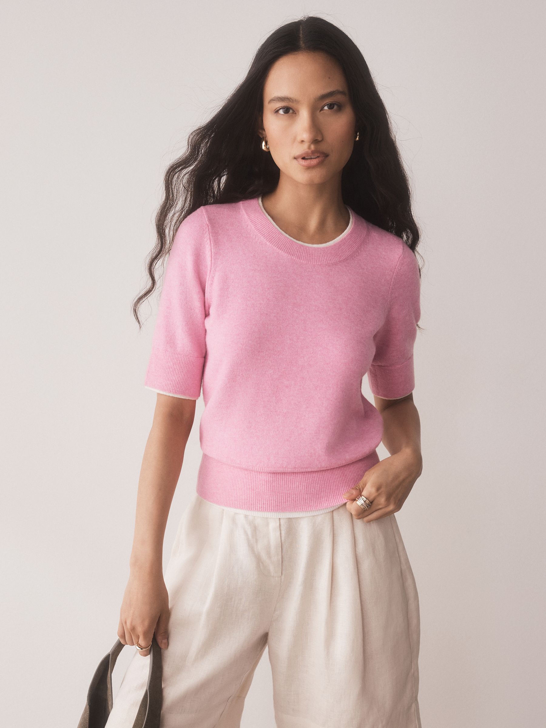 Buy Blush Pink/White Supersoft Double Trim Short Sleeve Knitted