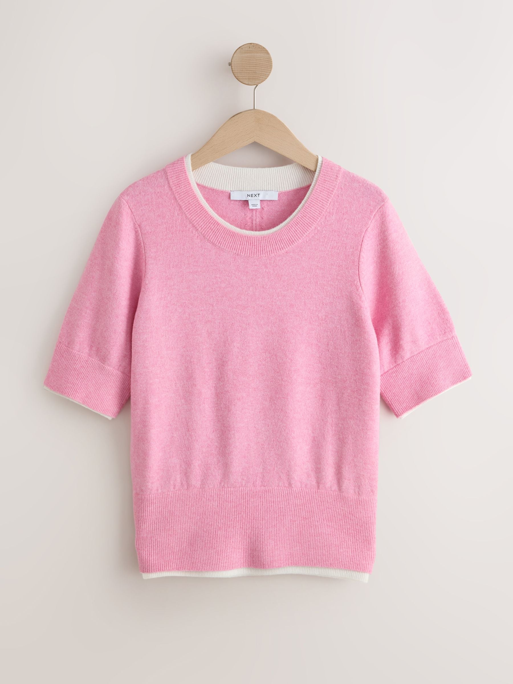 Buy Blush Pink/White Supersoft Double Trim Short Sleeve Knitted