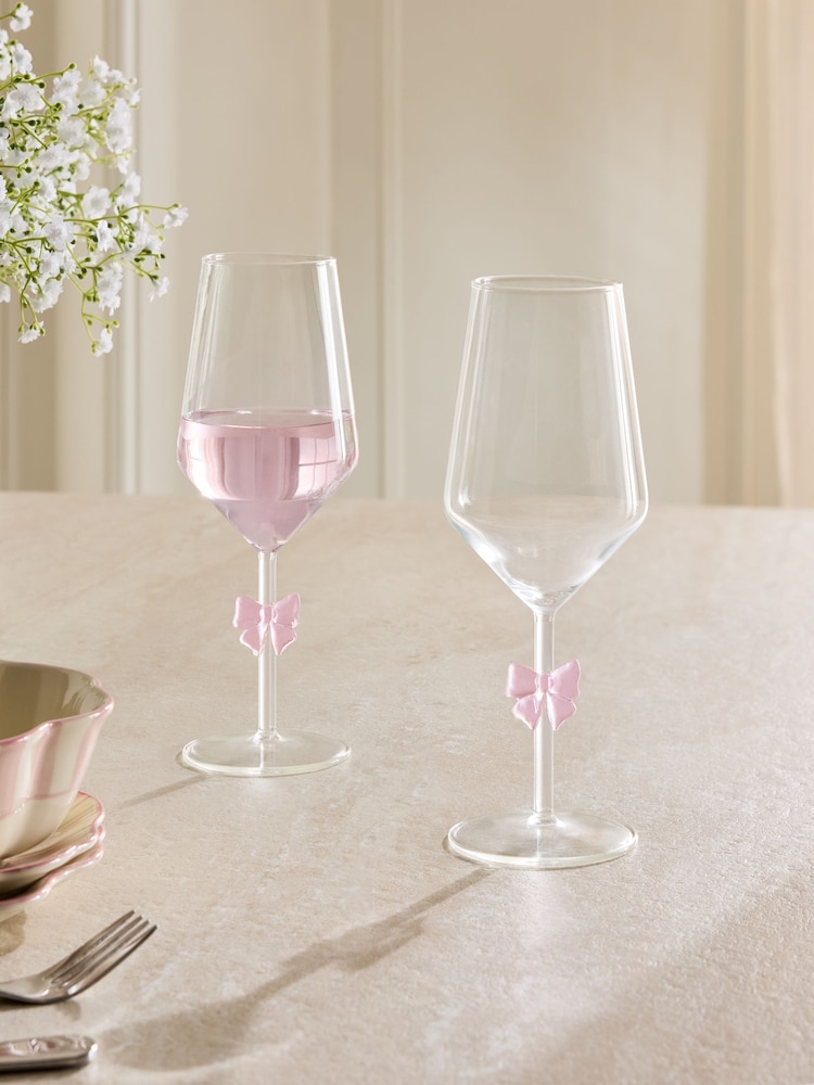 Set of 2 Pink Bow Stem Wine Glasses - Image 1 of 3 Set of 2 Pink Bow Stem Wine Glasses - Image 1 of 3