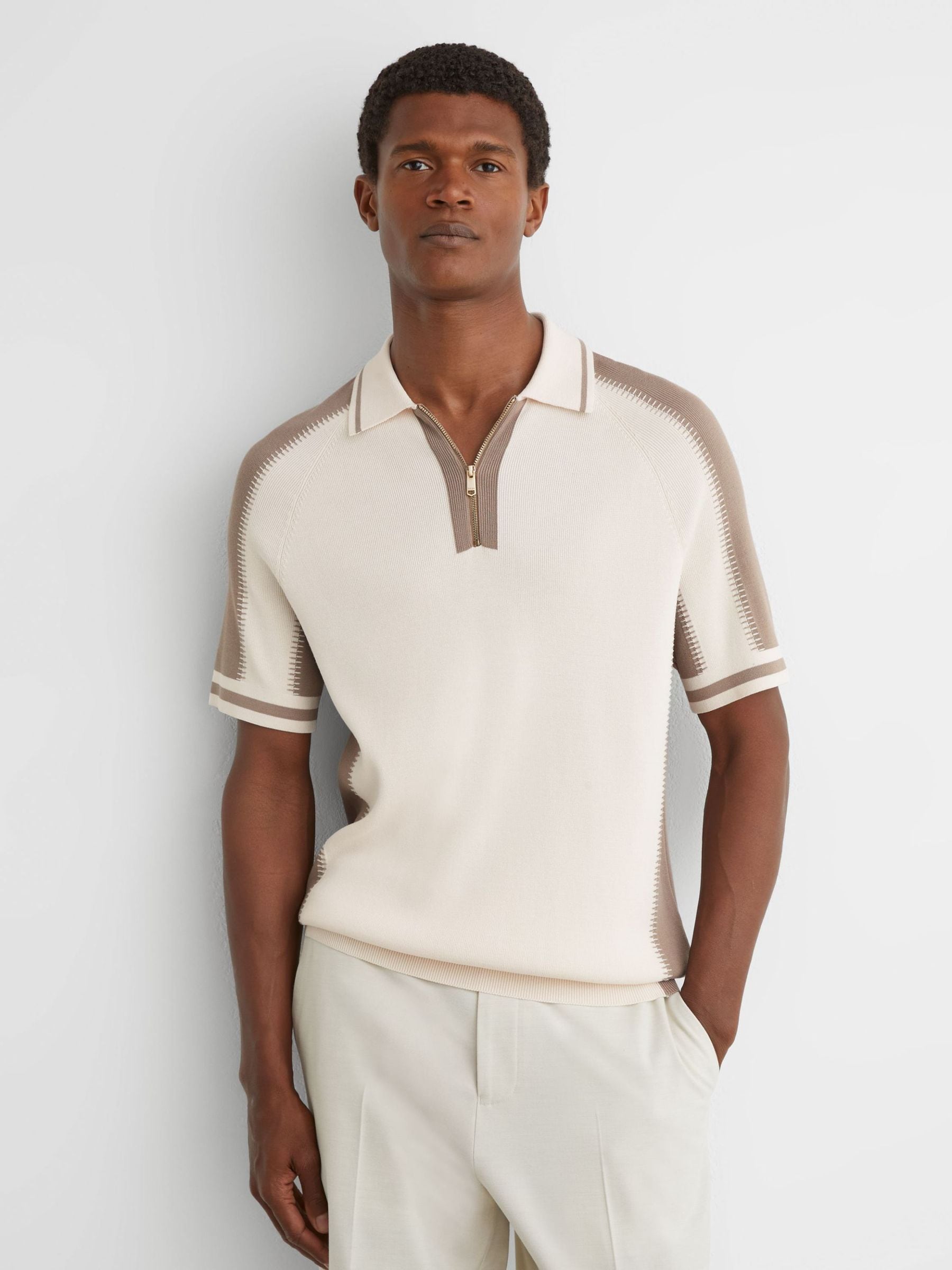 Buy Reiss Ecru/Taupe Elmers Colour-Block Half-Zip Knitted Polo