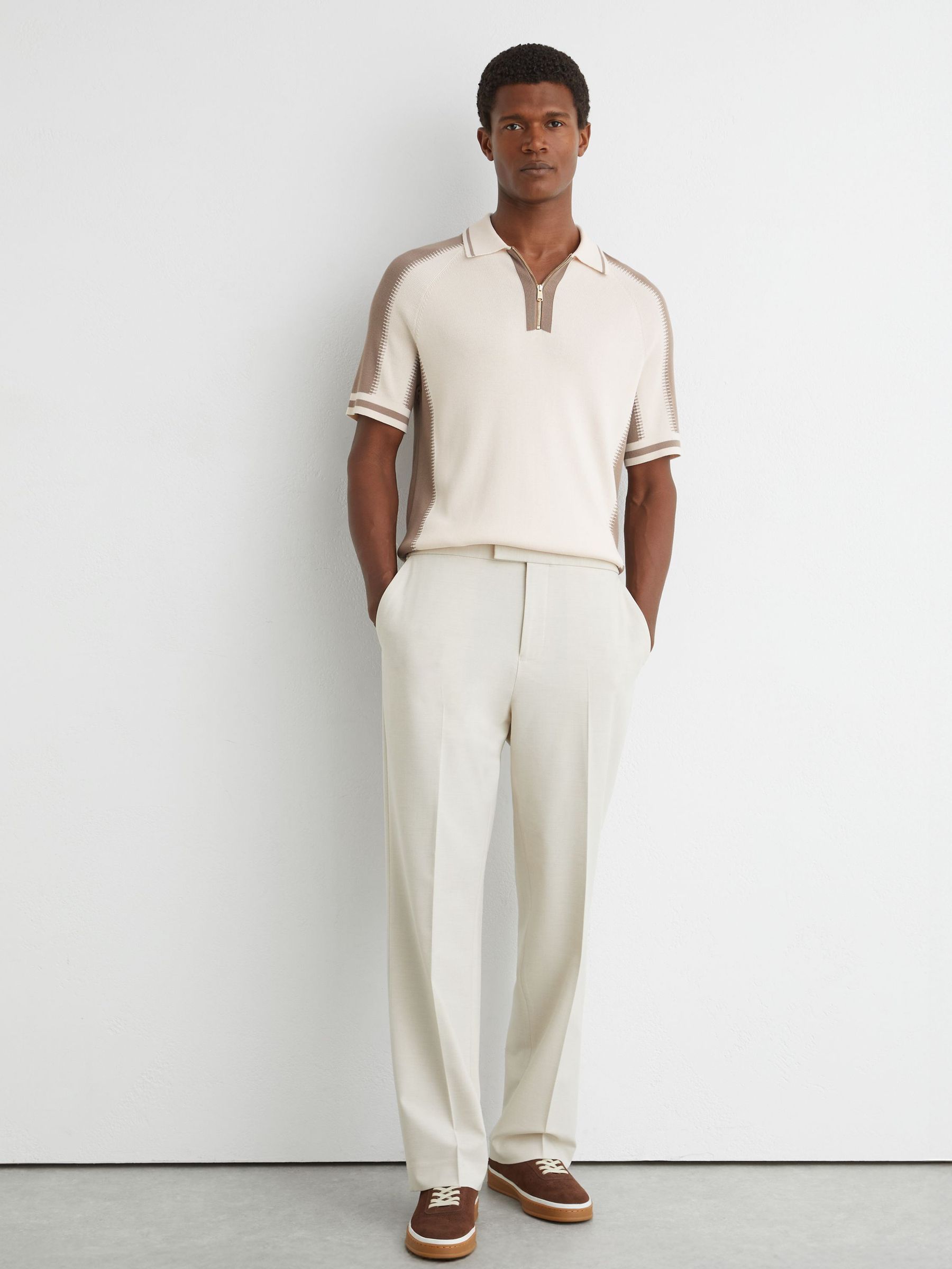 Buy Reiss Ecru/Taupe Elmers Colour-Block Half-Zip Knitted Polo