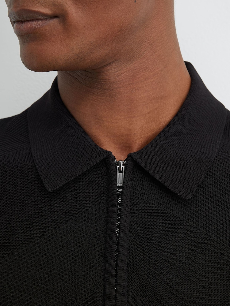 Reiss Black Leigham Cotton-Blend Chevron-Knit Half-Zip Polo Shirt - Image 1 of 6 Reiss Black Leigham Cotton-Blend Chevron-Knit Half-Zip Polo Shirt - Image 1 of 6