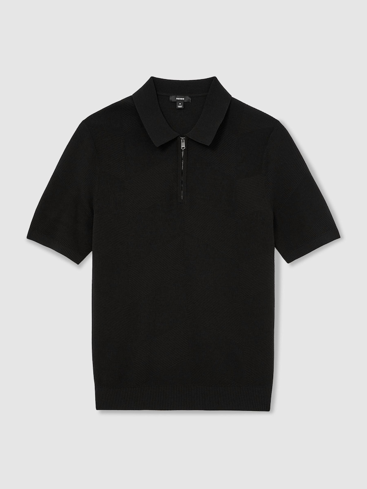 Reiss Black Leigham Cotton-Blend Chevron-Knit Half-Zip Polo Shirt - Image 2 of 6 Reiss Black Leigham Cotton-Blend Chevron-Knit Half-Zip Polo Shirt - Image 2 of 6