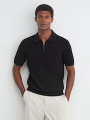 Reiss Black Leigham Cotton-Blend Chevron-Knit Half-Zip Polo Shirt - Image 3 of 6