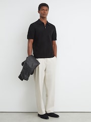 Reiss Black Leigham Cotton-Blend Chevron-Knit Half-Zip Polo Shirt - Image 4 of 6