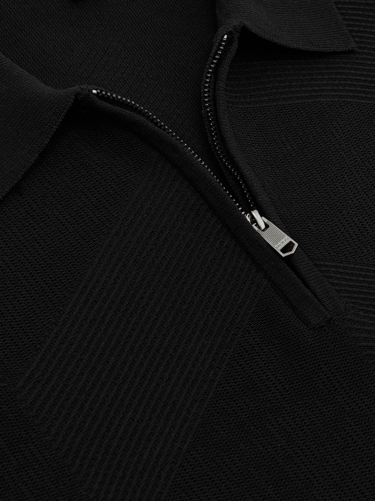 Reiss Black Leigham Cotton-Blend Chevron-Knit Half-Zip Polo Shirt - Image 6 of 6 Reiss Black Leigham Cotton-Blend Chevron-Knit Half-Zip Polo Shirt - Image 6 of 6
