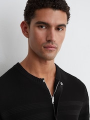 Reiss Black Brockwell Cotton-Blend Textured Henley Top - Image 1 of 6