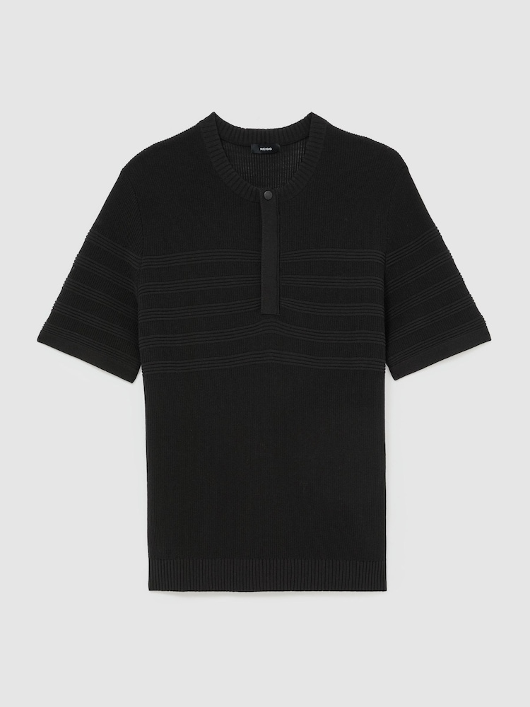 Reiss Black Brockwell Cotton-Blend Textured Henley Top - Image 2 of 6 Reiss Black Brockwell Cotton-Blend Textured Henley Top - Image 2 of 6