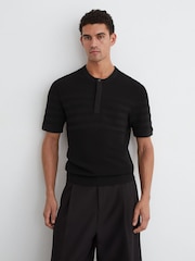 Reiss Black Brockwell Cotton-Blend Textured Henley Top - Image 4 of 6