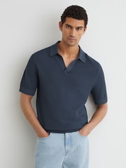 Reiss Steel Blue Leon Cotton-Blend Basket-Stitch Open-Collar Polo Shirt - Image 1 of 6