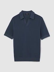 Reiss Steel Blue Leon Cotton-Blend Basket-Stitch Open-Collar Polo Shirt - Image 2 of 6